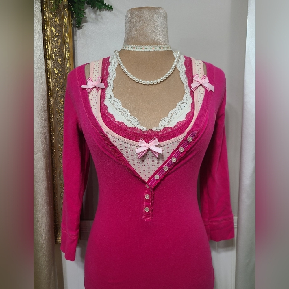 ♡ Y2K ♡ Abercrombie Hot Pink Button Down Babydoll Henley Top - Picture 10 of 11